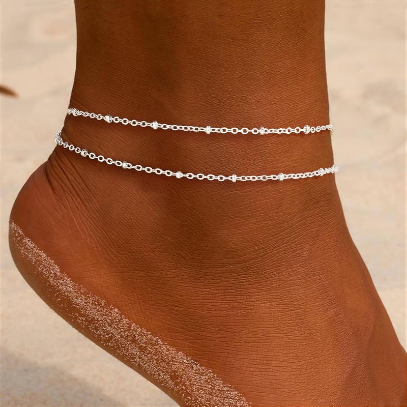 Poxtex Sterling Silver Anklet Bracelets for Women Waterproof, 925 Sliver Plated CZ & Heart Charm Dainty Layer Anklets for Women Trendy, Simple Chain Anklets Set Gifts for Women, Mother Day Jewelry Gifts for Her Women Mom Wife Girlfriend - Image 2